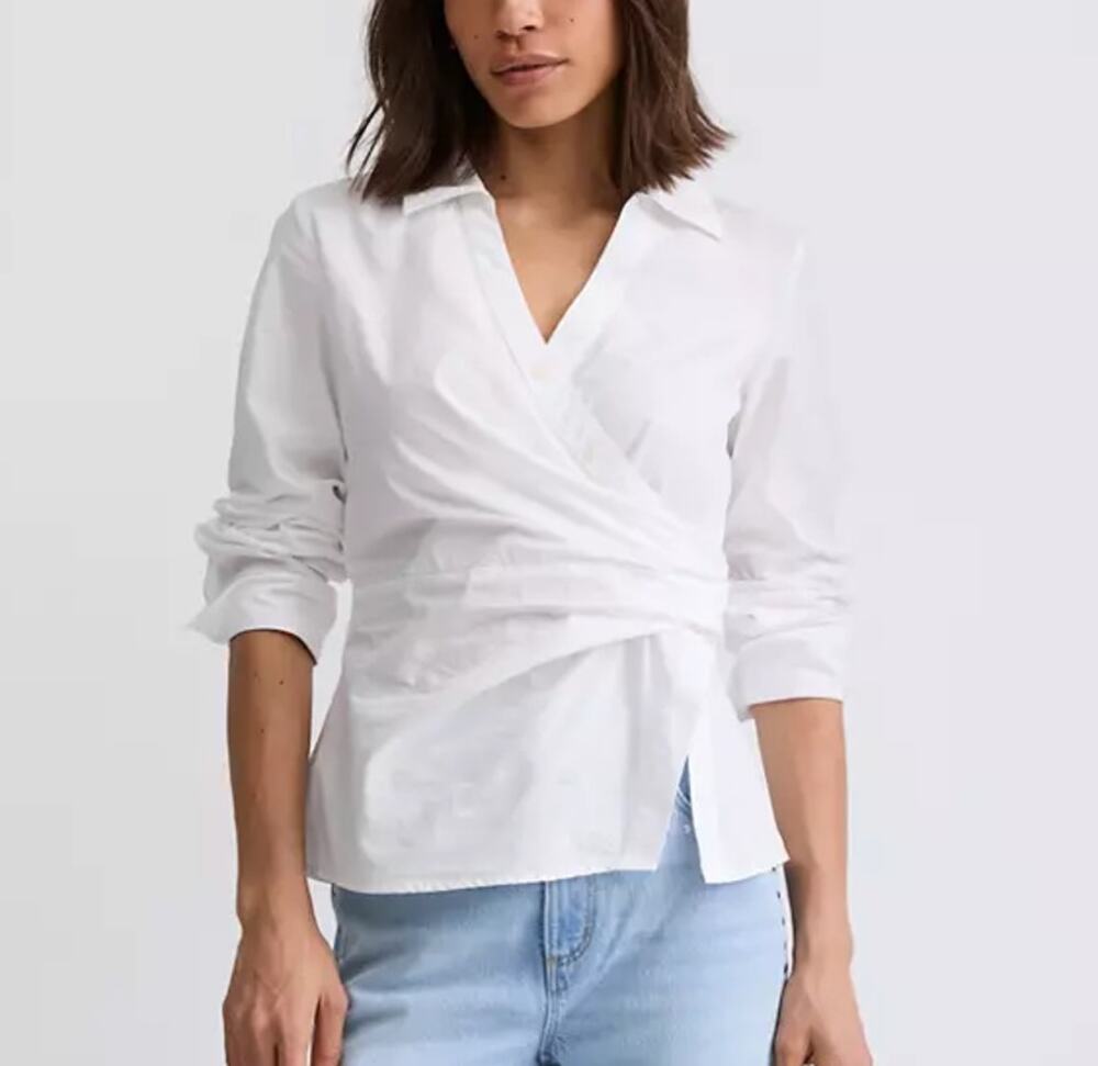 Loft Poplin Cotton White Draped Side Shirred Shirt Top Blouse Size 2